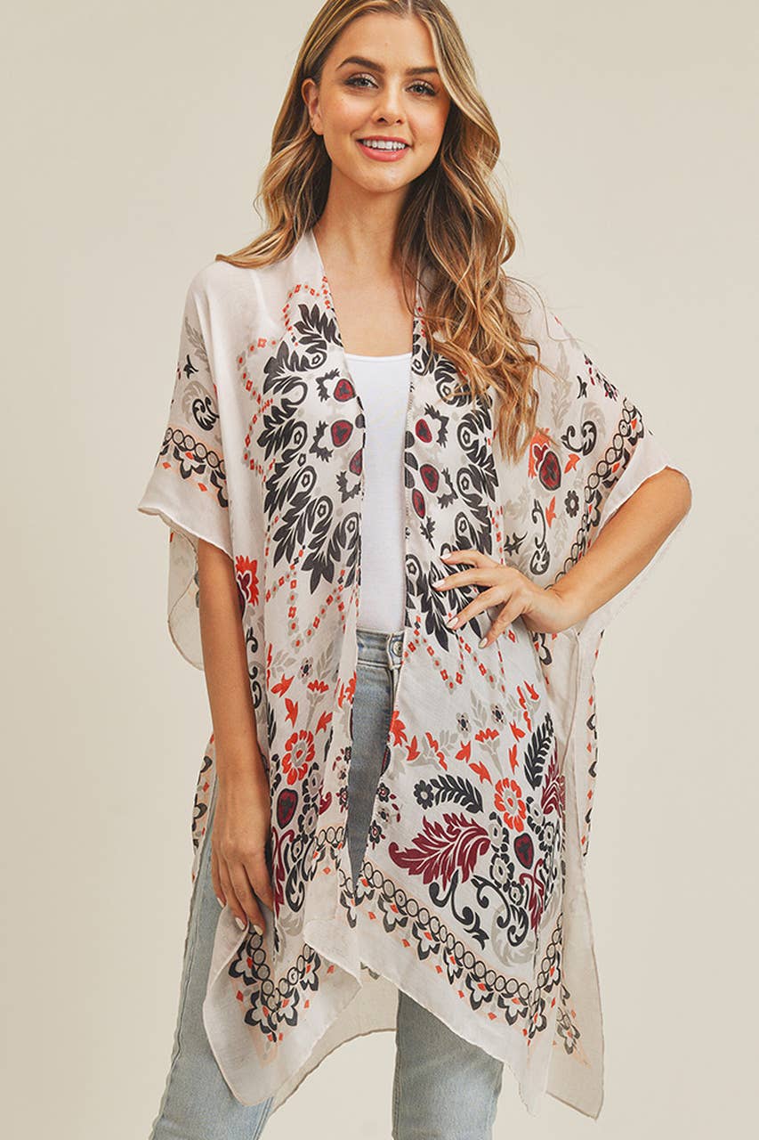 Bohemian Print Summer Kimono: Coral/Black