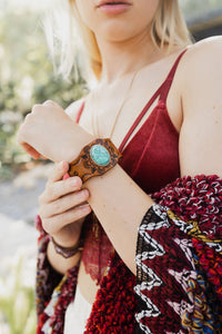 Boho Turquoise Stone Camel Leather Cuff Bracelet *