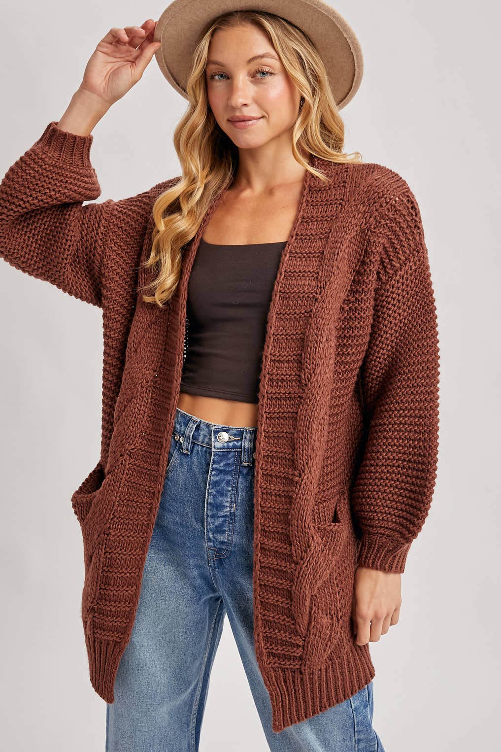 CHUNKY CABLE LANTERN SLEEVE CARDIGAN
