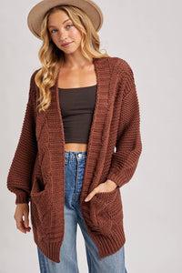 CHUNKY CABLE LANTERN SLEEVE CARDIGAN