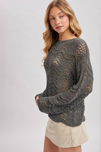 BOAT NECK SCALLOPED HEM OPEN KNIT SWEATER: ASH