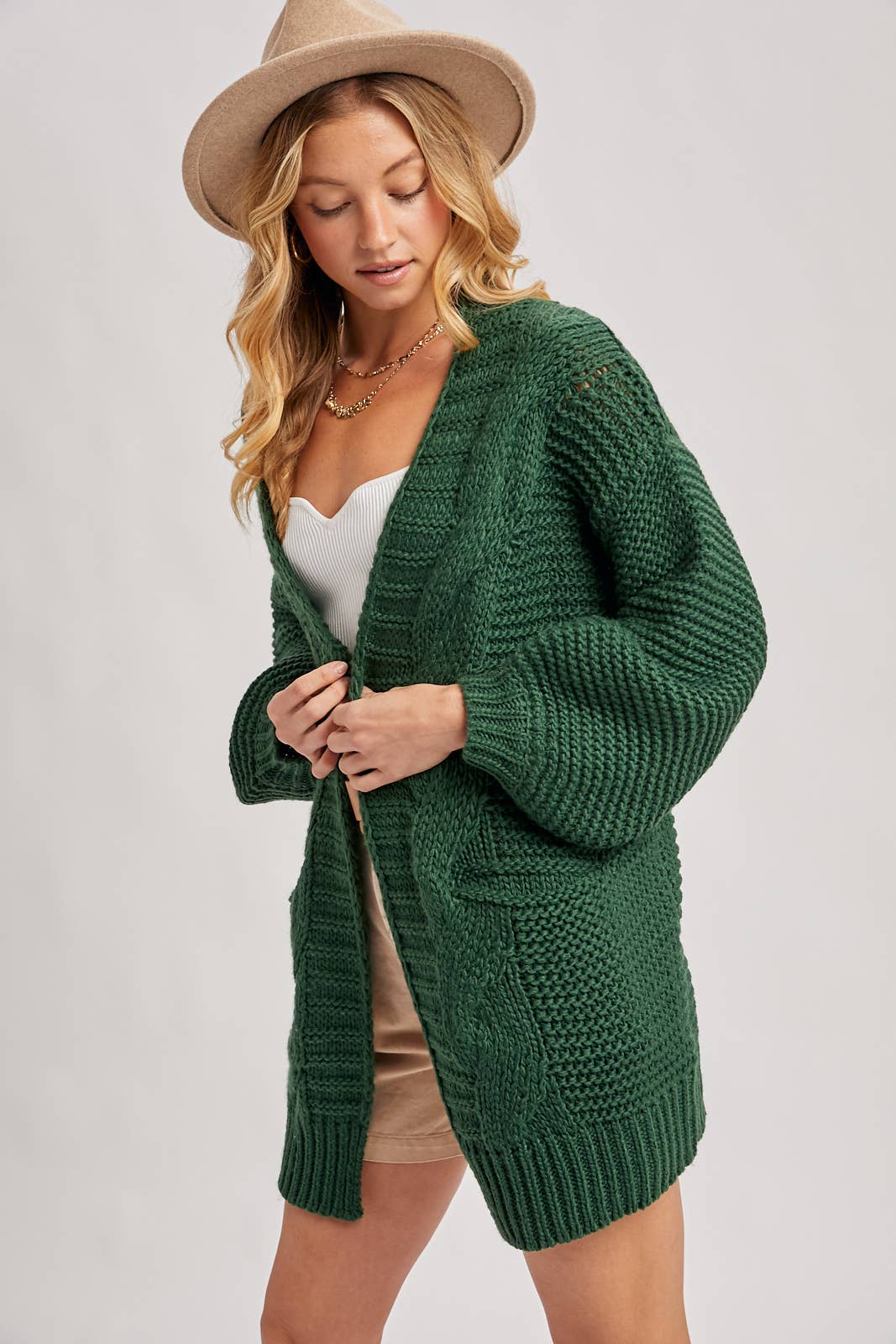 CHUNKY CABLE LANTERN SLEEVE CARDIGAN