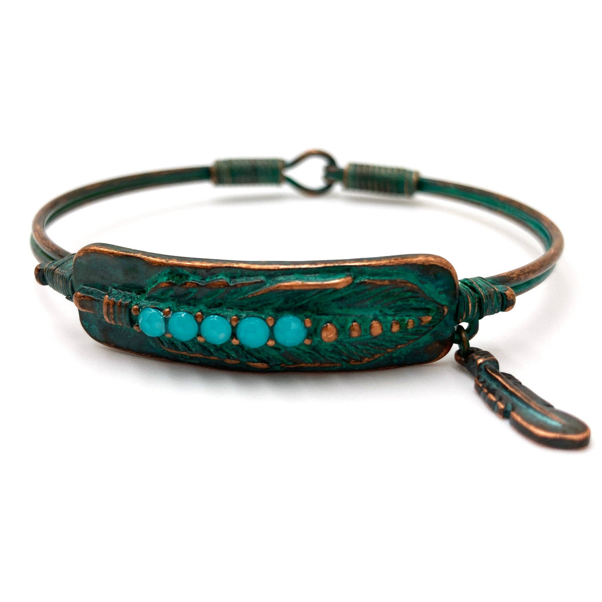 Western Patina Feather Turquoise Stone Bangle Stamped Bracelet