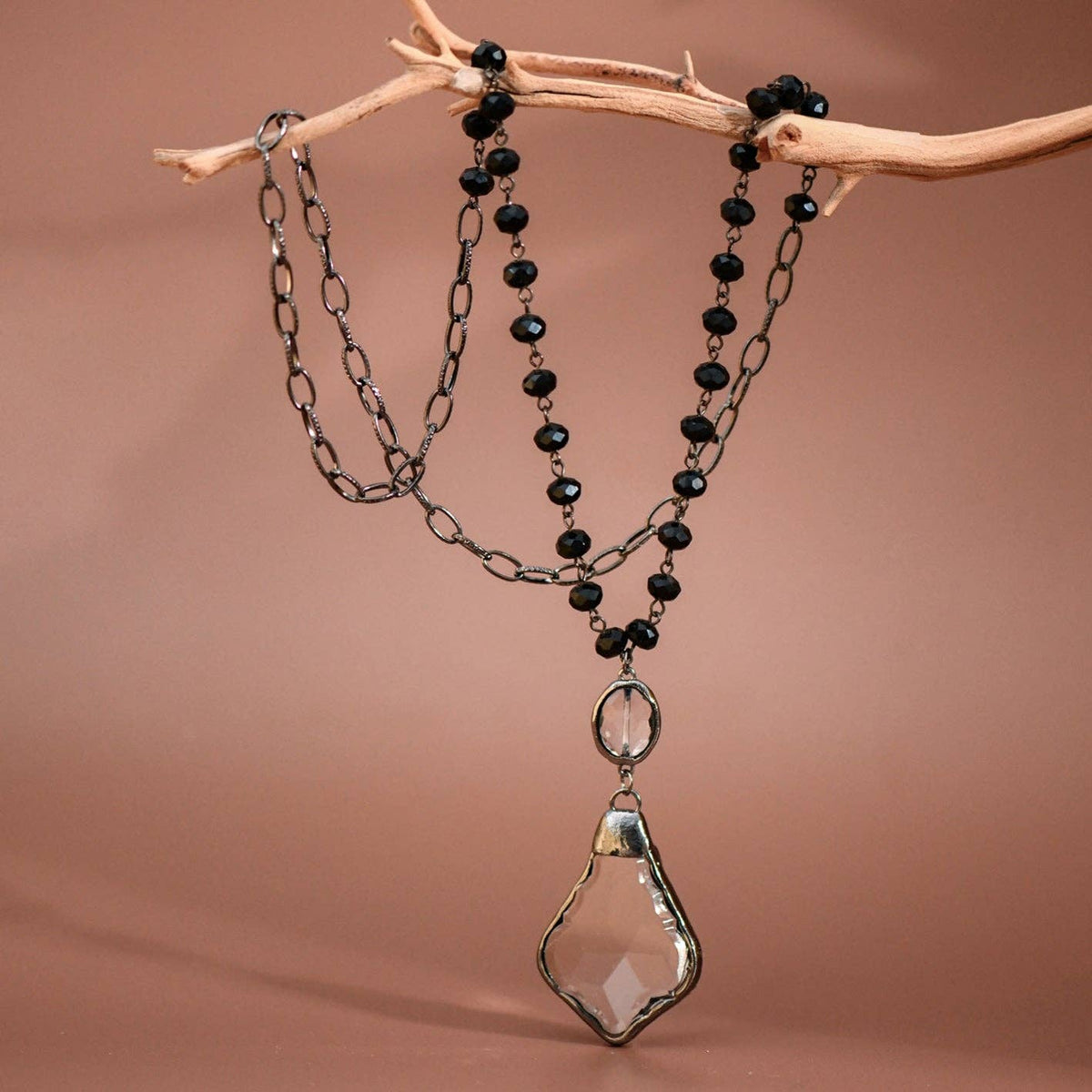 Long Beaded Chain Link Necklace, Glass Crystal Pendant