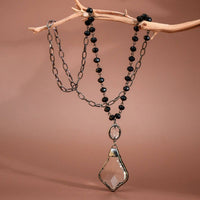 Long Beaded Chain Link Necklace, Glass Crystal Pendant