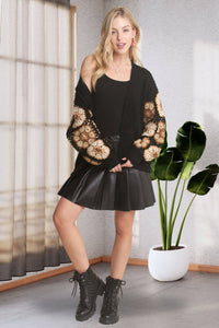 CROCHET SLEEVE SWEATER CARDIGAN: BLACK