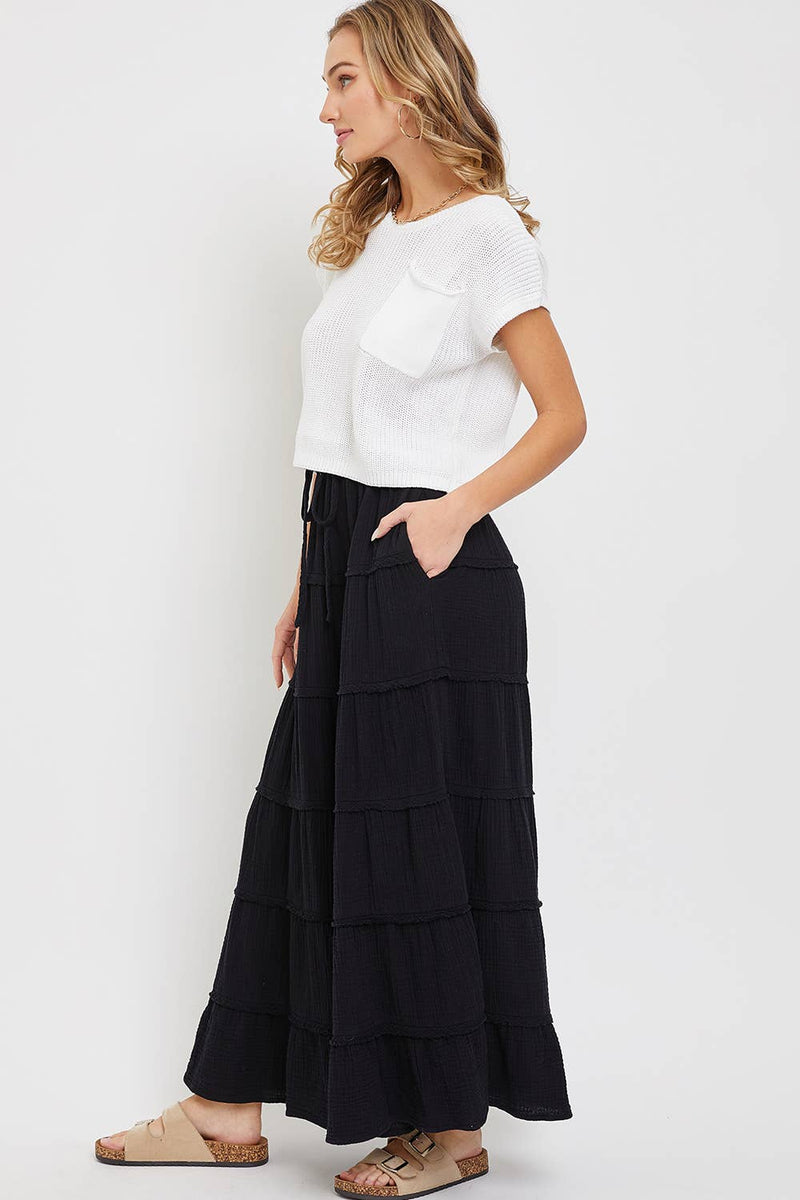 COTTON GAUZE TIERED MAXI SKIRT WITH ELASTIC WAIST: Black