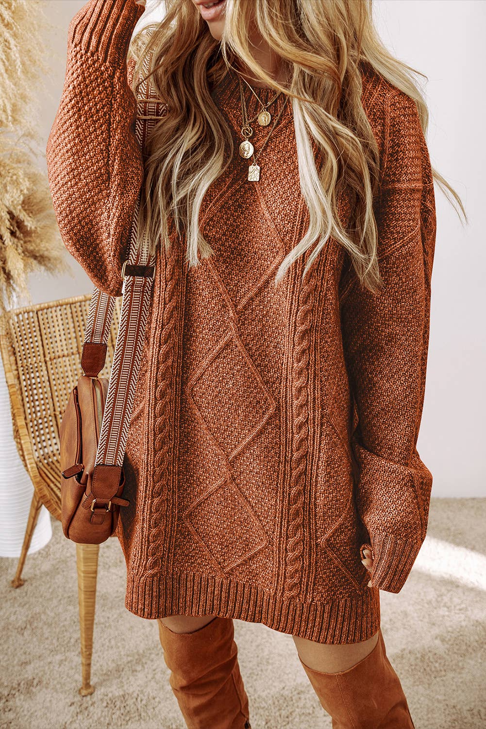 Cable Knit Drop Shoulder Loose Fit Sweater Dress: Coffee