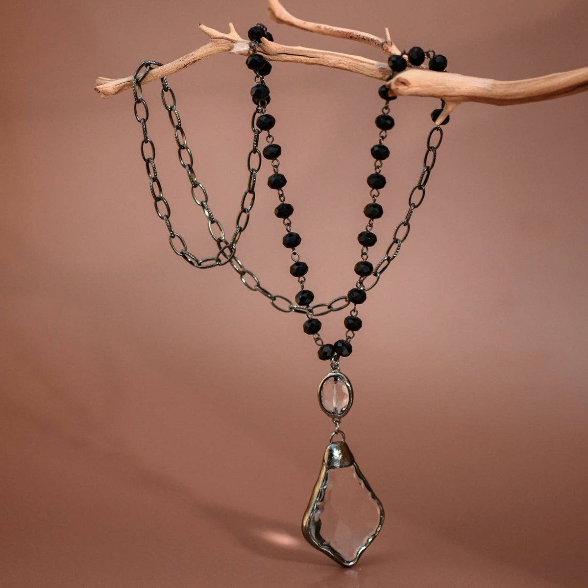 Long Beaded Chain Link Necklace, Glass Crystal Pendant