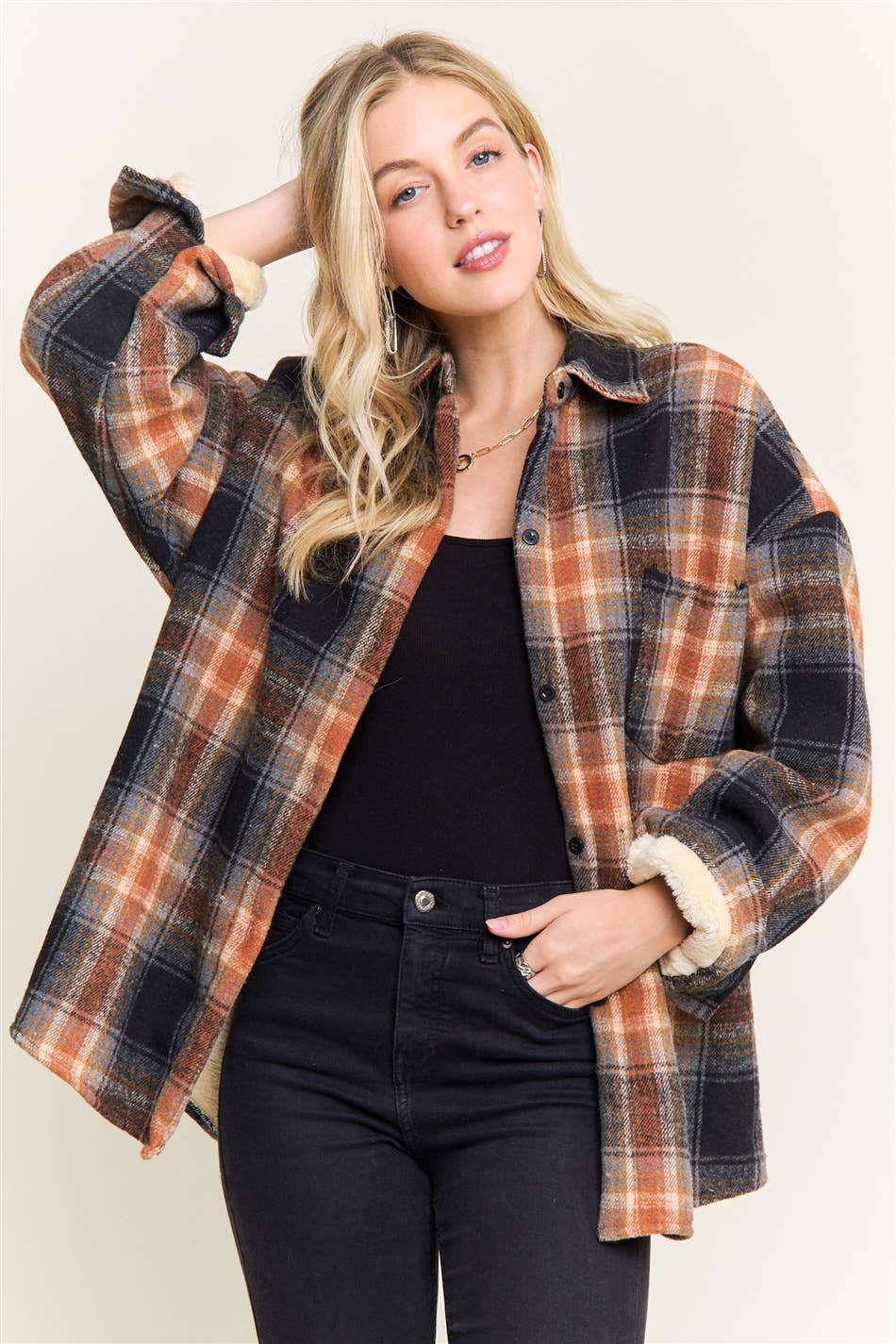 PLAID SHERPA-LINED BUTTON DOWN SHACKET JACKET
