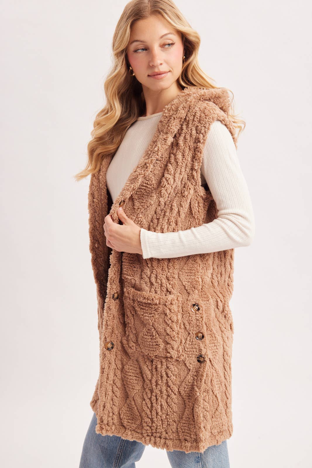 BOUCLE CABLE KNIT SWEATER HOODED VEST