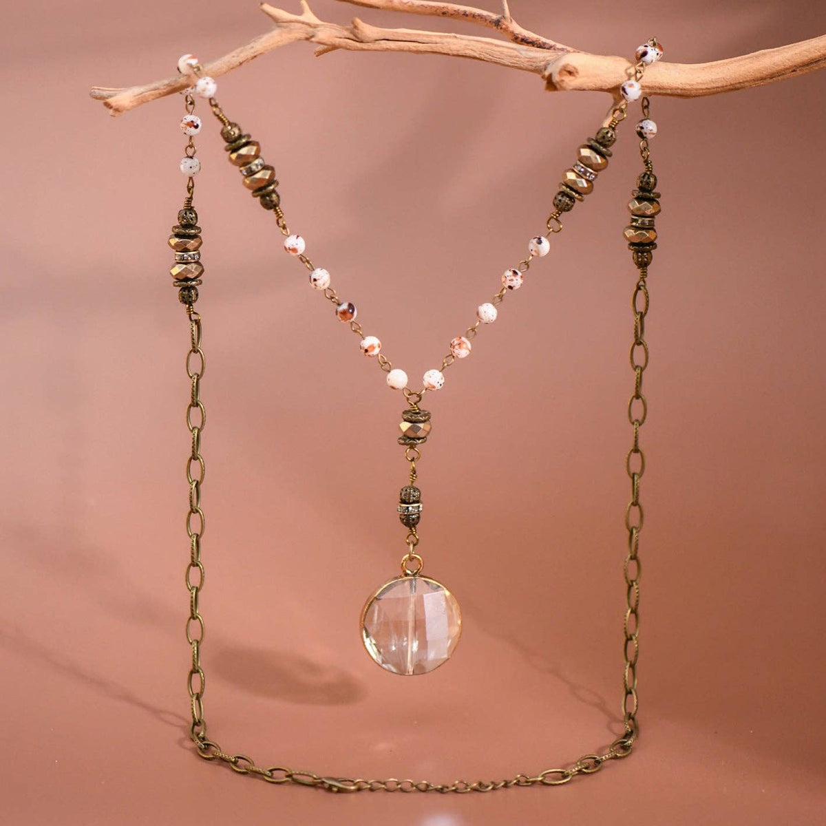Natural Stone Bead Chain Link Necklace, Glass Crystal Pendant