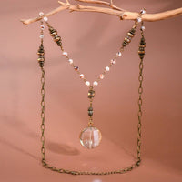Natural Stone Bead Chain Link Necklace, Glass Crystal Pendant