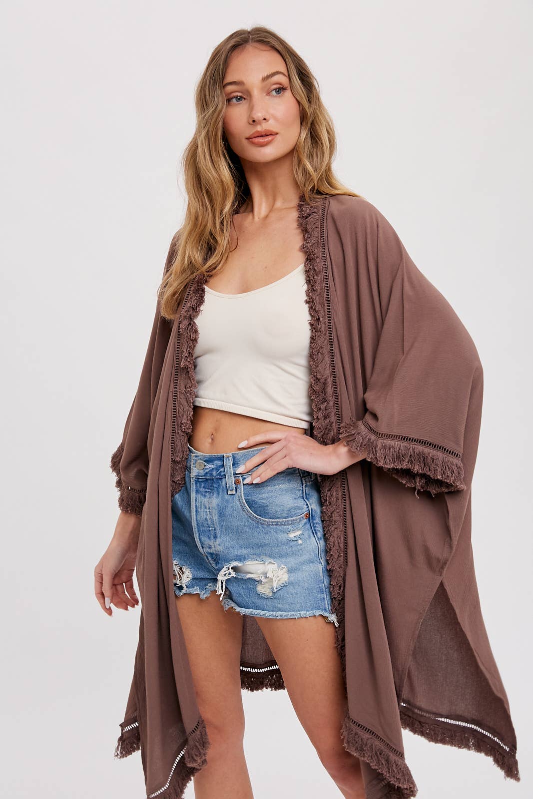 FRINGED KIMONO: MOCHA