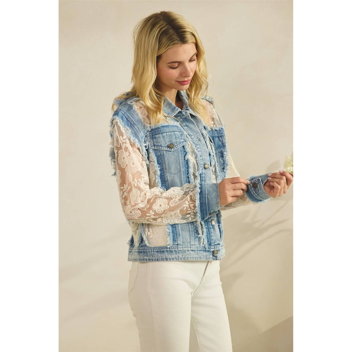 Denim Jacket with Floral Organza Inset: Med Wash
