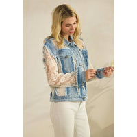 Denim Jacket with Floral Organza Inset: Med Wash