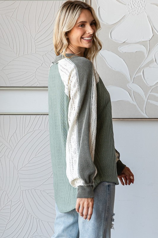 Olive cable knit color block lace long sleeve