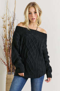 Black Cable Knit Long Sleeve Sweater * on sale