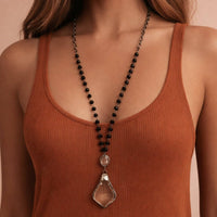 Long Beaded Chain Link Necklace, Glass Crystal Pendant