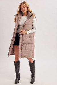 DETACHABLE HOOD ZIPPER LONGLINE QUILTED PUFFER VEST