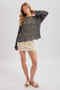 BOAT NECK SCALLOPED HEM OPEN KNIT SWEATER: ASH