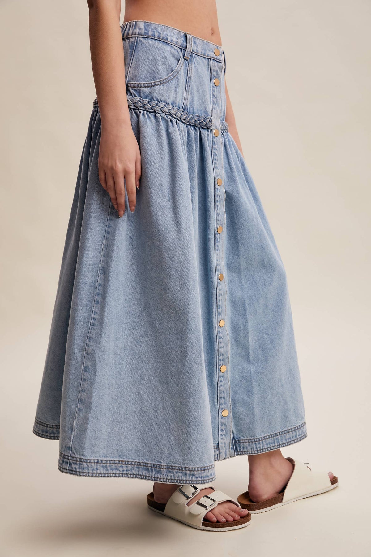 Braided Waist Denim Maxi Skirt: Cloud Wash