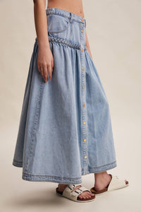 Braided Waist Denim Maxi Skirt: Cloud Wash