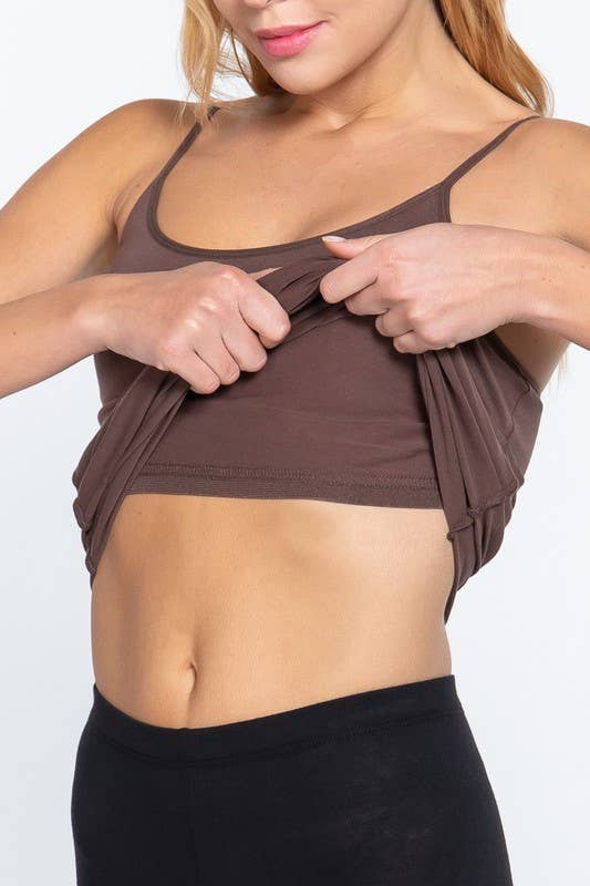 Basic Adjustable Spaghetti Strap Tunic Cami Tank Top w/shelf Bra: Wood Brown