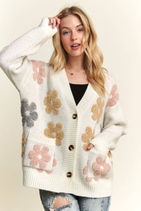 BUTTON DOWN FLORAL SWEATER CARDIGAN: Beige