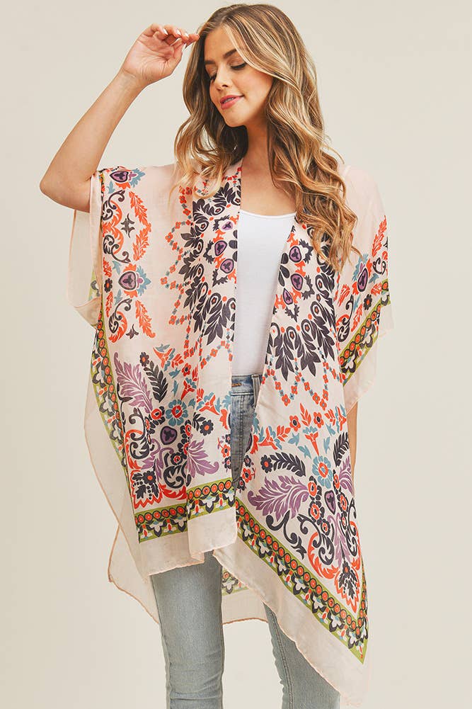 Bohemian Print Summer Kimono: Coral/Black