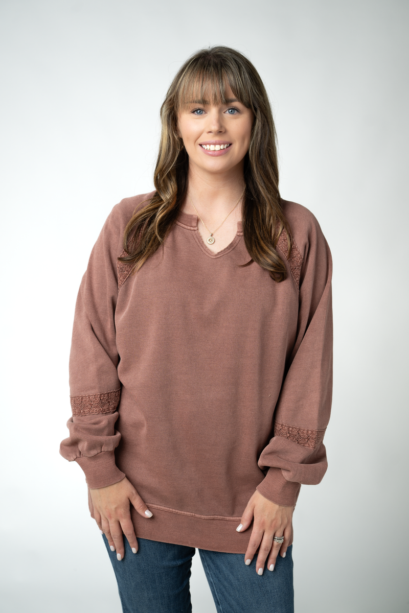 Lace Accent Vintage Wash Pullover Long Sleeve Sweater - Brown