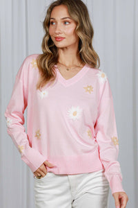 V-Neck Long-Sleeve Floral Embroidery Knitted Sweater Pink