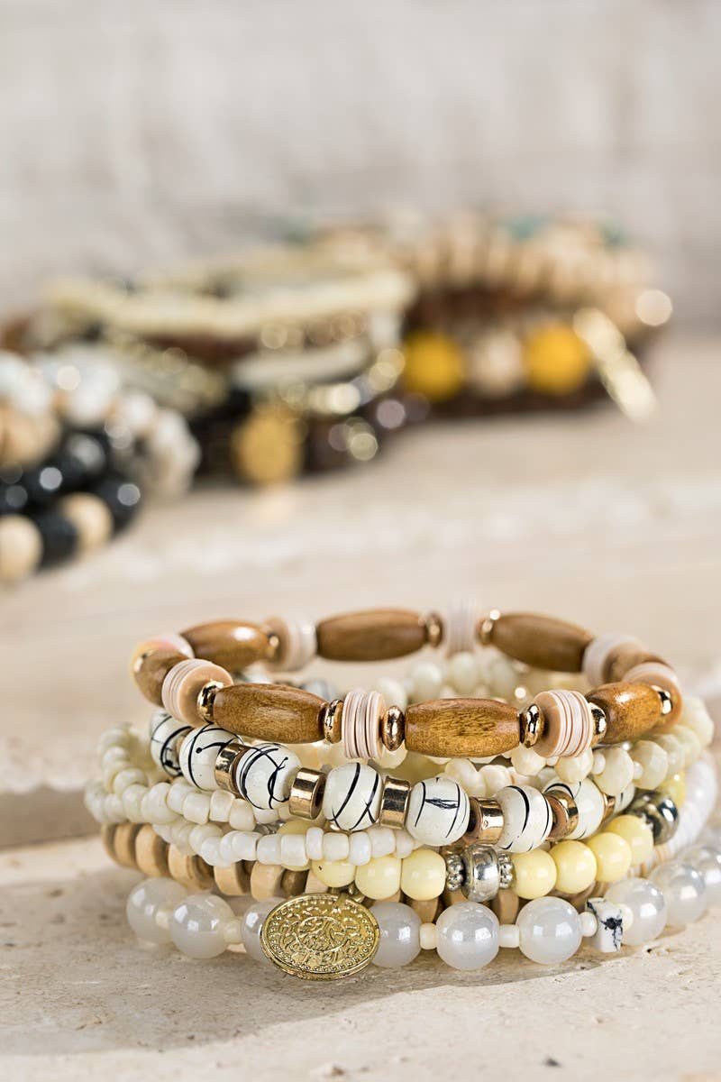 Layered Mixed Beads Stacked Bracelet Set in Ivory