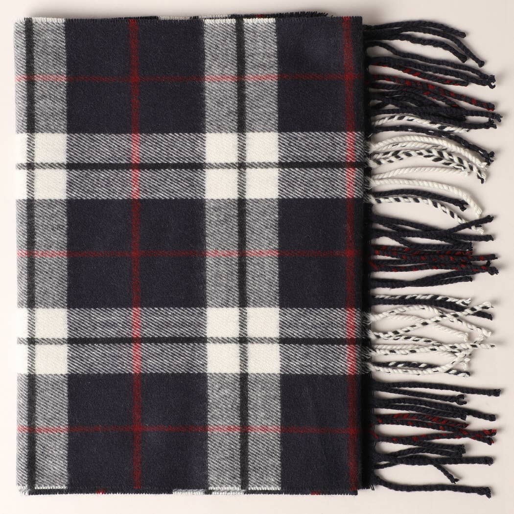 Cashmere Feel Plaid Pattern Scarf - Multiple-Pattern Print: NAVY