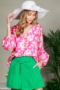 V-Neck Balloon Sleeve Floral Print Woven Blouse Top Blouse : Pink