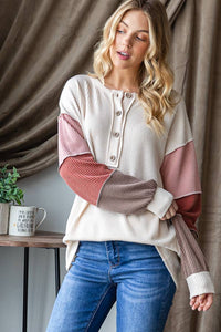 URBAN RIBBED SOLID COLOR BLOCK LONG SLEEVE TOP: SAND