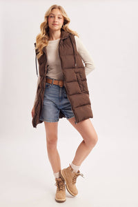 HOODED ZIPPER DOWN LONGLINE PUFFER VEST