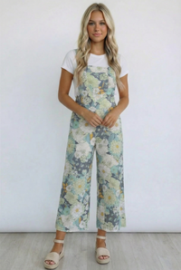 FLORAL PRINT LINEN OVERALL ROMPER WITH ELASTIC SHOULDER STRAPS: CHARCOAL/SAGE
