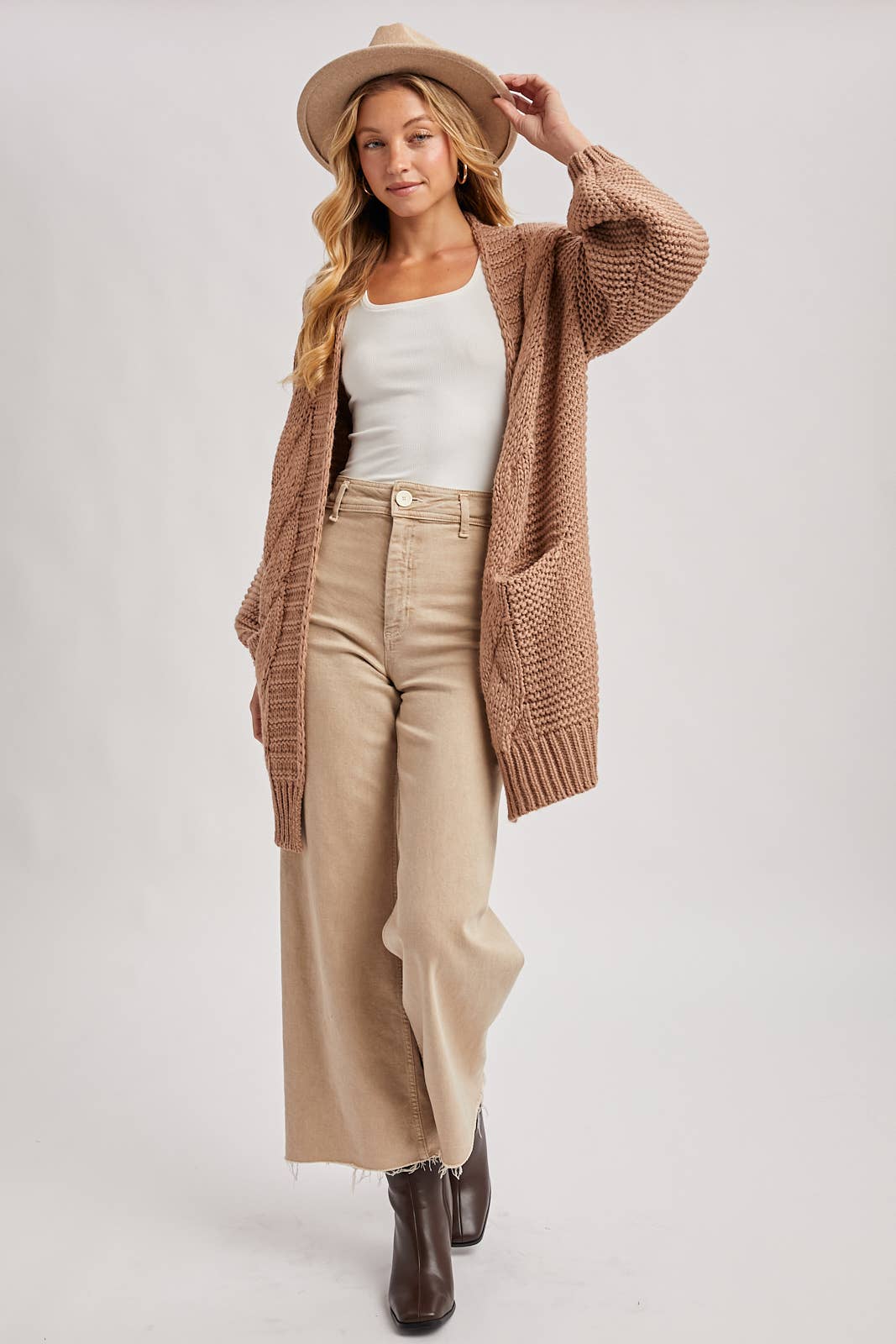 CHUNKY CABLE LANTERN SLEEVE CARDIGAN