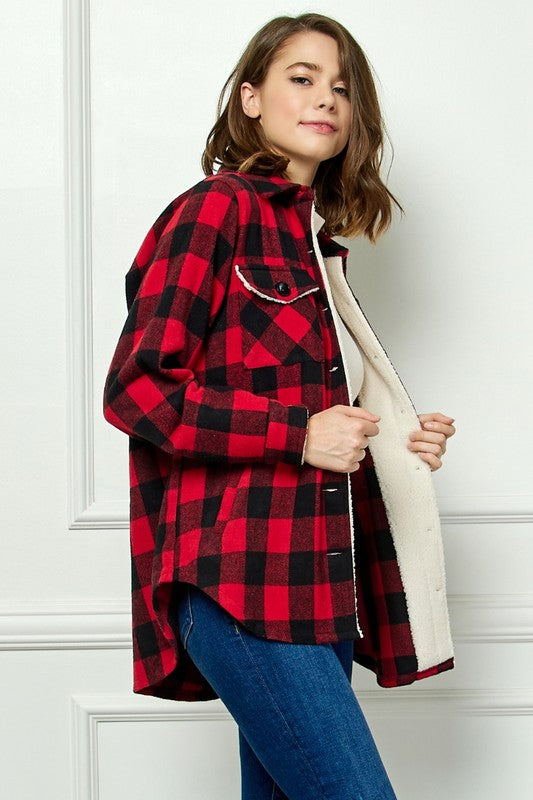 Buffalo Plaid Red and Black flannel jacket with sherpa lining