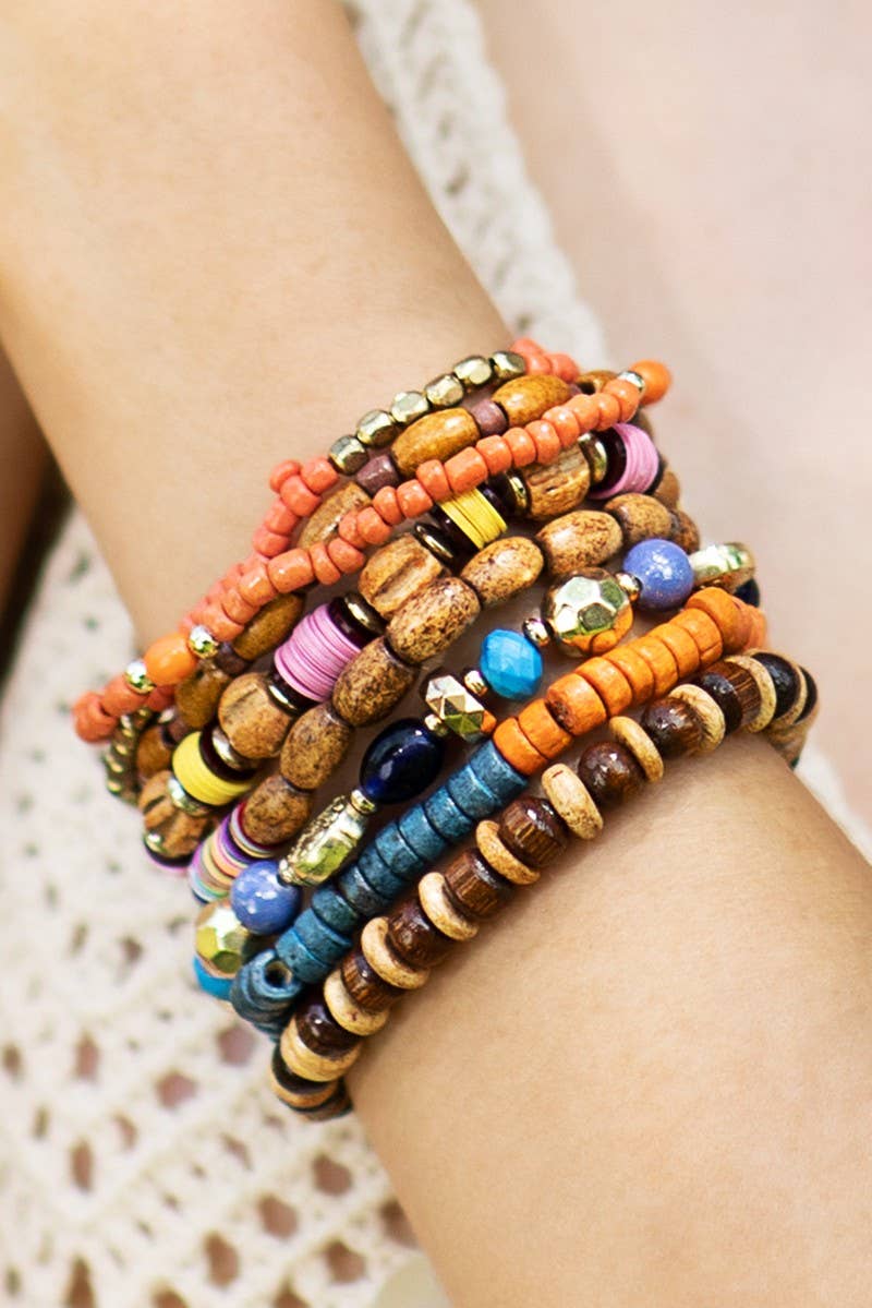 Sunkissed Layered Wood Mixed Beads Stacked Bracelet