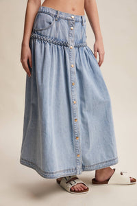Braided Waist Denim Maxi Skirt: Cloud Wash