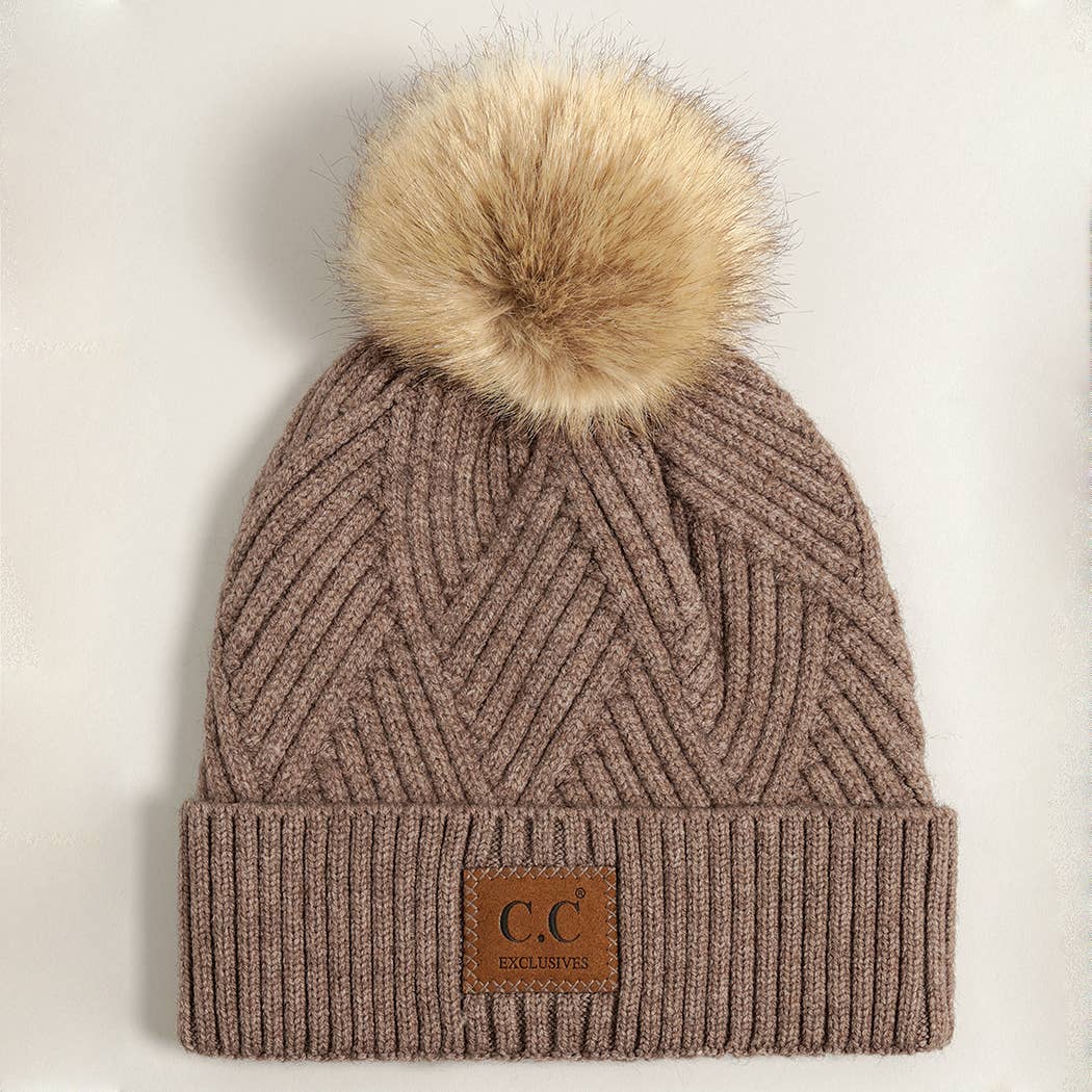 Heather Cuff Beanie with Pom-Pom: TAUPE MIX