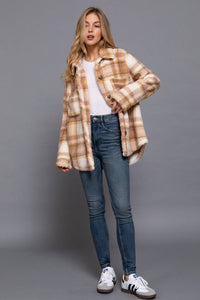 Long Sleeve Button Down Oversize Plaid Faux Fur Jacket
