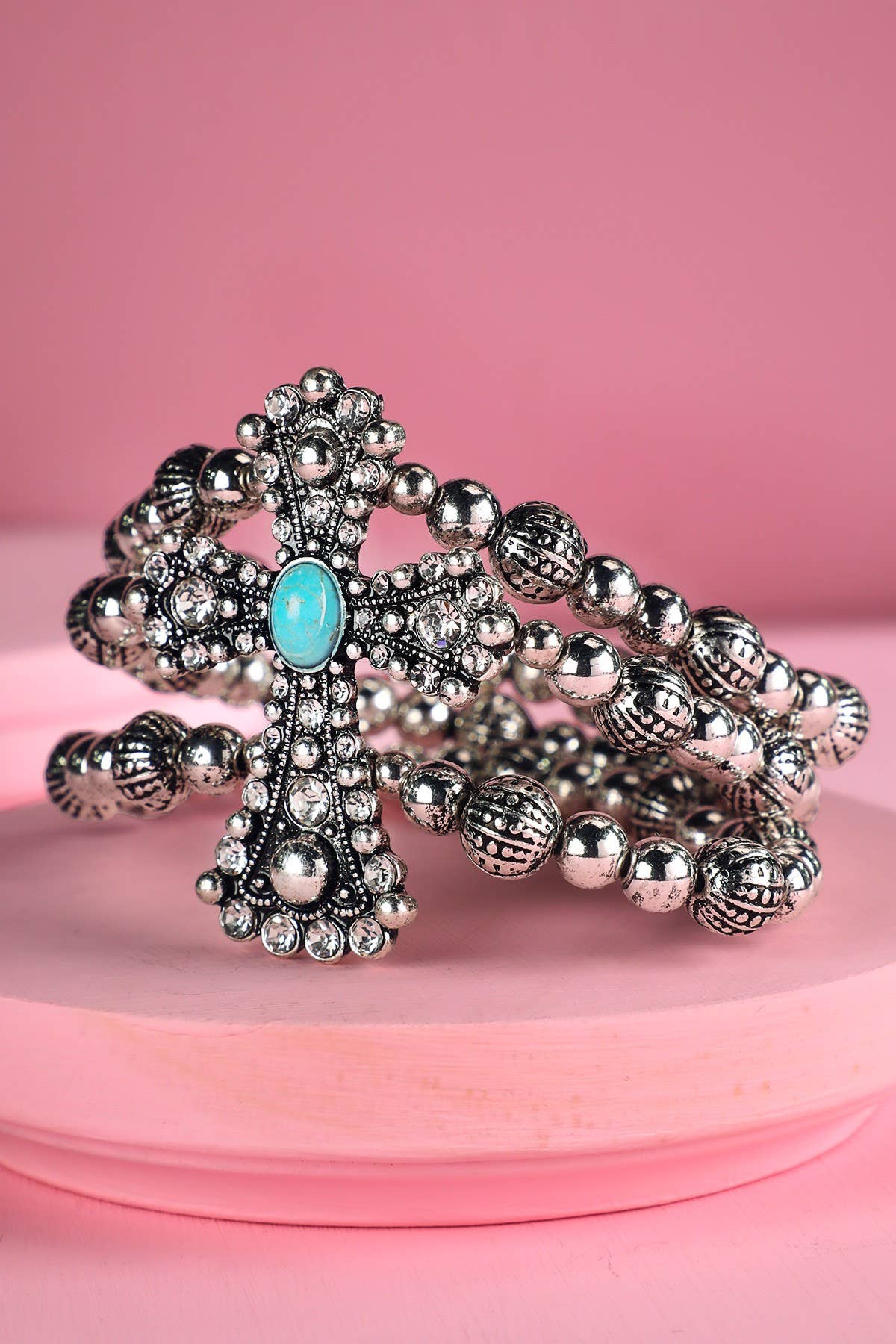 Western Semi Stone & Rhinestones Cross Bracelet