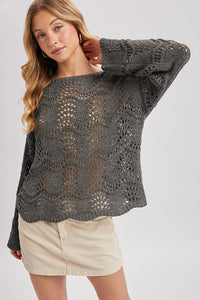 BOAT NECK SCALLOPED HEM OPEN KNIT SWEATER: ASH