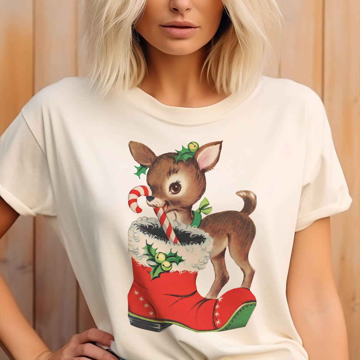 Vintage Christmas Deer and Santa Boot Rudolph Graphic Tee: Cream