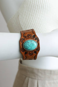 Boho Turquoise Stone Camel Leather Cuff Bracelet *