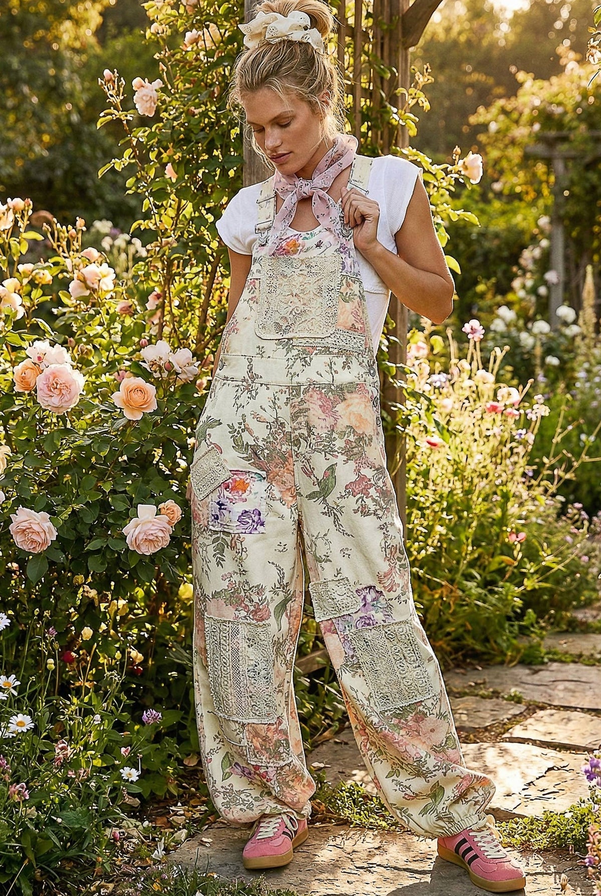 Printed Lace Patch Trim Strap Relaxed Fit Jogger Overall Romper Pants : CREAM FLORAL