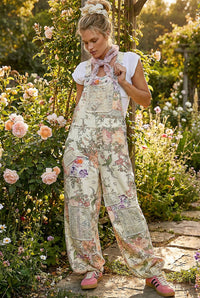 Printed Lace Patch Trim Strap Relaxed Fit Jogger Overall Romper Pants : CREAM FLORAL